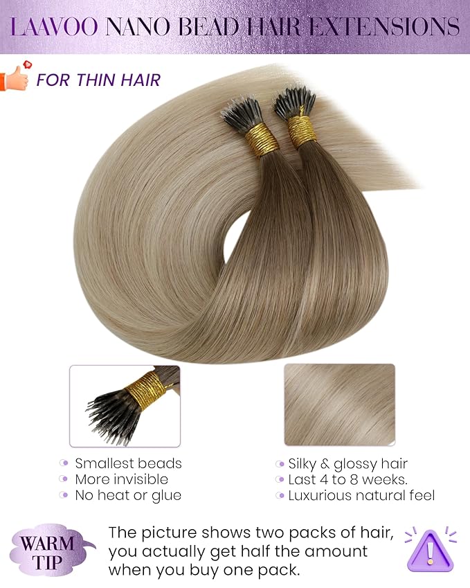 LaaVoo Nano Bead Human Hair Extensions Balayage Light Brown to Ash Blonde with Platinum Blonde Nano Link Hair Extensions Human Hair 14In 50g