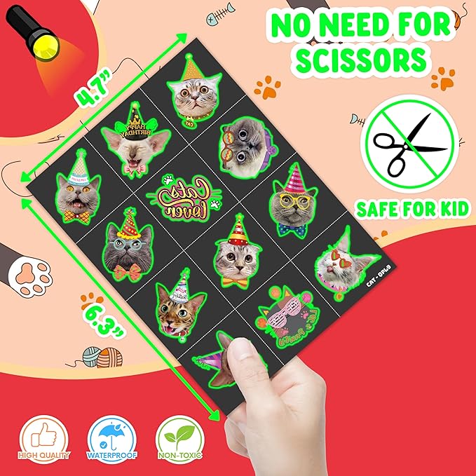 96 PCS Cat Cats Pet Pre-Cut Luminous Glow in the dark Temporary Tattoos for Kids | Super Cute Themed Birthday Party Favors, Supplies, Decorations, Animal Paw Fake Tattoo Stickers Gifts for Boys Girls