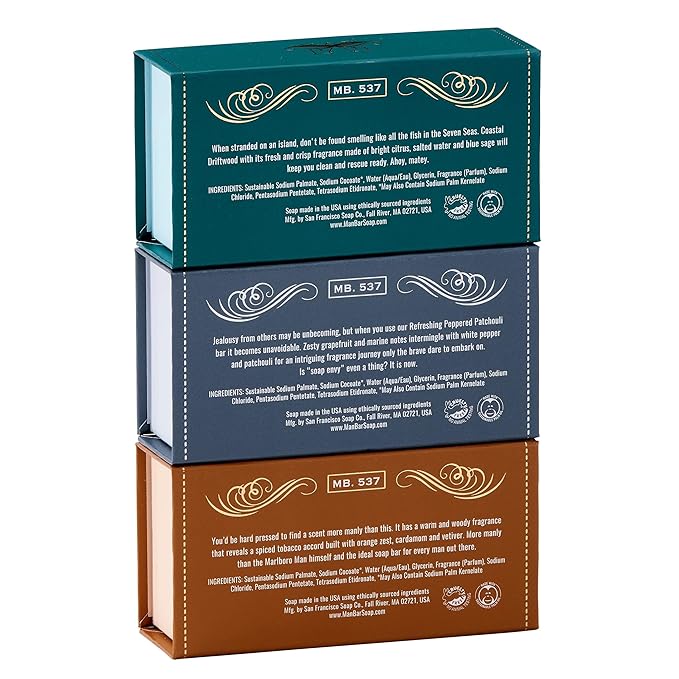 San Francisco Soap Company Man Bar 3-Piece Gift Set featuring all new scents: Coastal Driftwood, Peppered Patchouli, and Spiced Tobacco - GREAT GIFT - No Harmful Chemicals - Good for All Skin Types