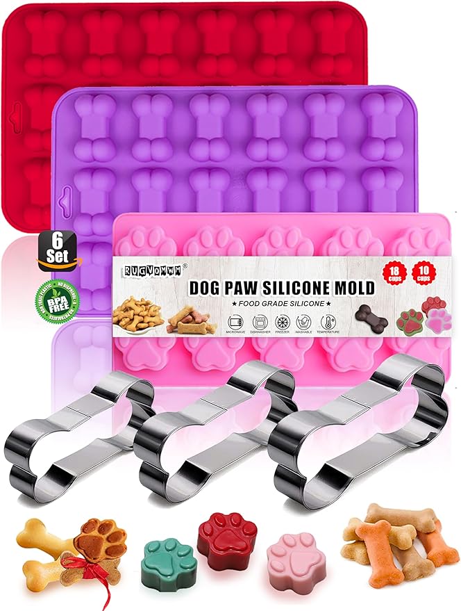 Puppy Dog Paw and Bone Silicone Molds,Non-Stick Food Grade Silicone Molds for Baking,Dog Bone Cookie Cutters for Treats - Set of 6