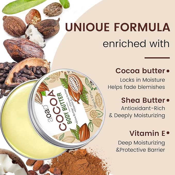 AOAO Cocoa Body Butter for Rough Flaky Skin, Shea Butter & Vitamin E Daily Moisturizer Absorbs Rapidly, Deep Hydrating Treatment, Provides Long-Lasting Nourishment for Silky Smooth Skin, 100g/3.5oz