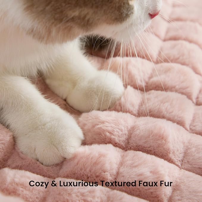 Cat Couch Bed with Fluffy Faux Rabbit Fur for Indoor Cats, 24 Inch | Cute Fuzzy Pet Sofa With Washable Cover For Puppy Kitten, Suppportive Cozy Pets Couch in 3D Diamond Pattern, Pink