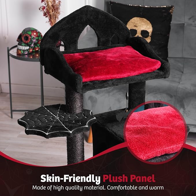Gothic Cat Tree - 40" Goth Cat Bed, Spacious Condo, Spooky Hanging Bat, Durable Sisal Scratching Post - Elegant Black Cat Tree for Majestic Felines