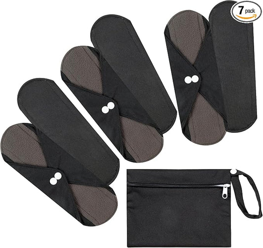 7pcs Set 1 pc Mini Wet Bag +6pcs Absorbent Reusable Sanitary Pads/Washable Cloth Menstrual Pads(Black,S)