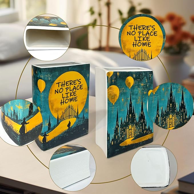 LIFFY Book Vase for Flowers, Ceramic Flower Vase Bookshelf Decor, Unique Book Shape Decration Vase Bookend Gift for Book Lovers(Teal Blue, Wizard of Oz)