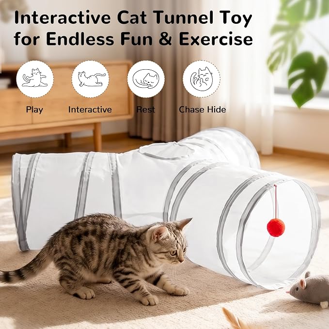 Tempcore Cat Tunnel, 3-Way Collapsible Toy for Indoor Cats, White & Grey