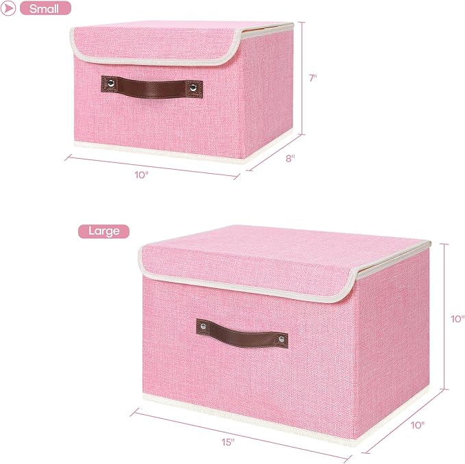 ANMINY Fabric Storage Box Bins with Lids, Pink, 10"x8"x7", 2 Pack | Keepsake Memory Storage, Cotton Linen, PP Board Reinforced, Washable, PU Handles, Foldable & Stackable, Decorative, Small