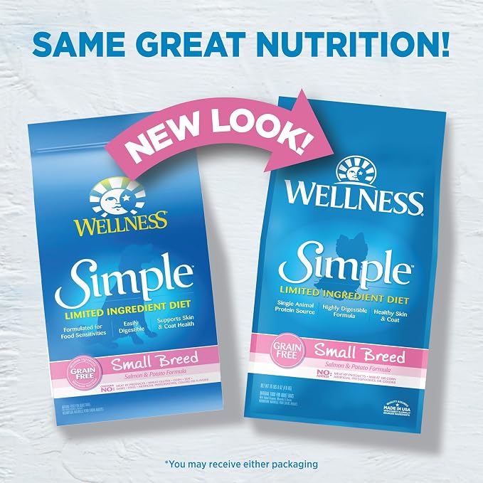 Wellness Simple Limited Ingredient Small Breed Adult Dry Dog Food, Grain Free Kibble, Sensitive Stomach, Skin & Coat Support, Natural, Chicken Free, Salmon and Potato Recipe, 10.5 lb Bag