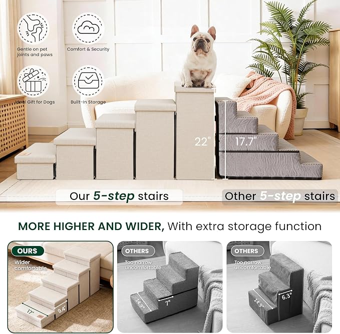 Love's cabin Dog Stairs for High Bed, Foldable Pet Stairs for Small Medium or Large Dogs Puppy with Storage for Bed or Couch, Cat Dog Steps Ramp with Zip up to 200 lbs, Beige, 5 Steps