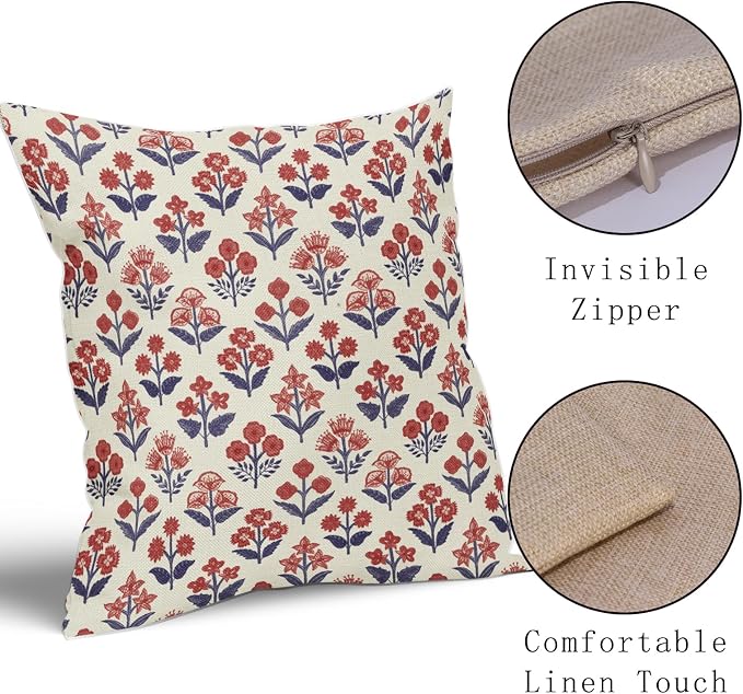 4th of July Patriotic Floral Block Print Pillow Covers 24x24 Inch Set of 2, Navy Blue Red Vintage Flower Decorative Throw Pillowcases Outdoor Memorial Day Cushion Covers Holiday Sofa Couch Bed Decor