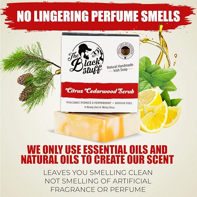 The Black Stuff All Natural Bar Soap for Men Handmade Cold Process Soaps with Organic Ingredients and Essential Oils - Mens Soap for Daily Use, Citrus Cedarwood Scrub Body Soap