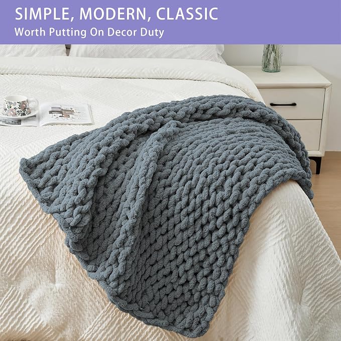 Bigacogo Chunky Knit Throw Blanket for Couch, 40x40 inches, Iron Gray | Hand Knit with Jumbo Chenille, Soft Breathable Cable Knit for Sofa Bed Living Room, Machine Washable, Gift for Mom Friend
