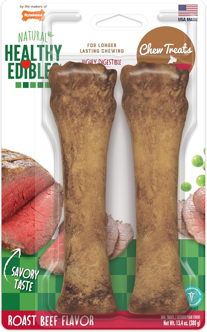 Nylabone Healthy Edibles Dog Treats, Roast Beef Flavor, X-Large, 2 Count | Natural dog chews, occupying & long lasting dog treats, made in the USA, highly digestible, dog bones for large dogs 50+ lbs
