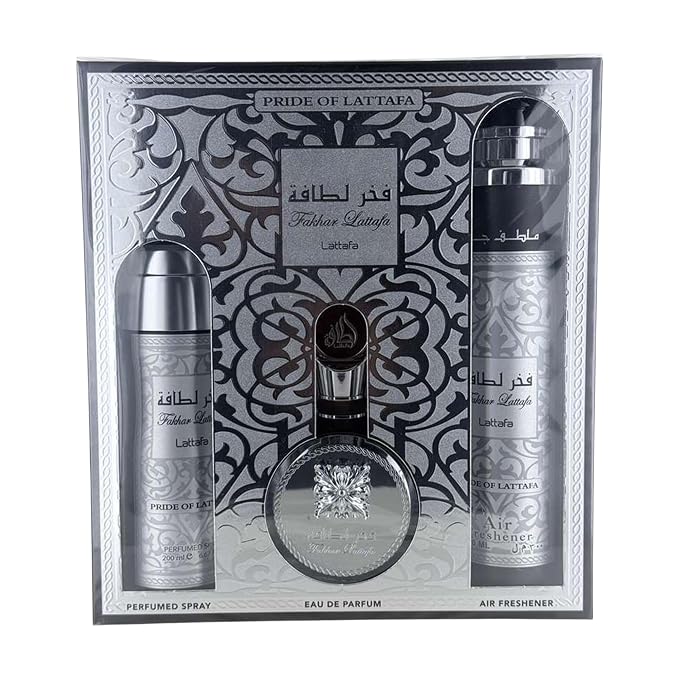 Lattafa Fakhar Collection – Fresh, Woody, Amber, Musky – 3 Piece Gift Set for Men (3.4 Oz Eau de Parfum + 6.67 Oz Deodorant + 10.1 Oz Air Freshener)