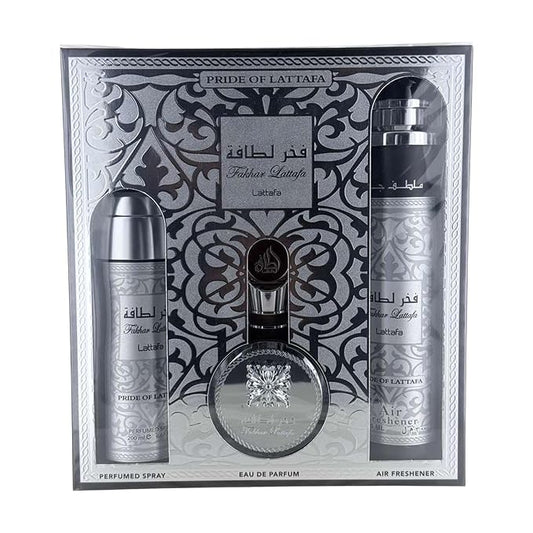 Lattafa Fakhar Collection – Fresh, Woody, Amber, Musky – 3 Piece Gift Set for Men (3.4 Oz Eau de Parfum + 6.67 Oz Deodorant + 10.1 Oz Air Freshener)