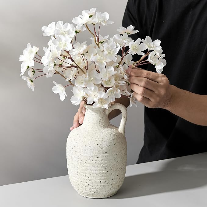 SIDUCAL Rustic Ceramic Farmhouse Flower Vase with 1 Handle-Height 8.43" Terracotta Vase, Unique Textured Pottery Flower Vases for Home Decor, Table, Wedding, Living Room, Shelf Decor, Speckled White