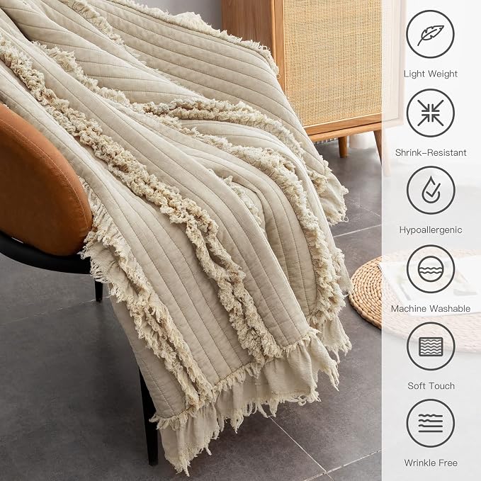 Ultra Soft Pre-Washed Quilted Boho Beige Twin Size Blankets for Bed, Ruffle Fringed Decorative Throw, Stone Washed Chic Rustic Blanket for Sofa Couch Bed, 60"*80"