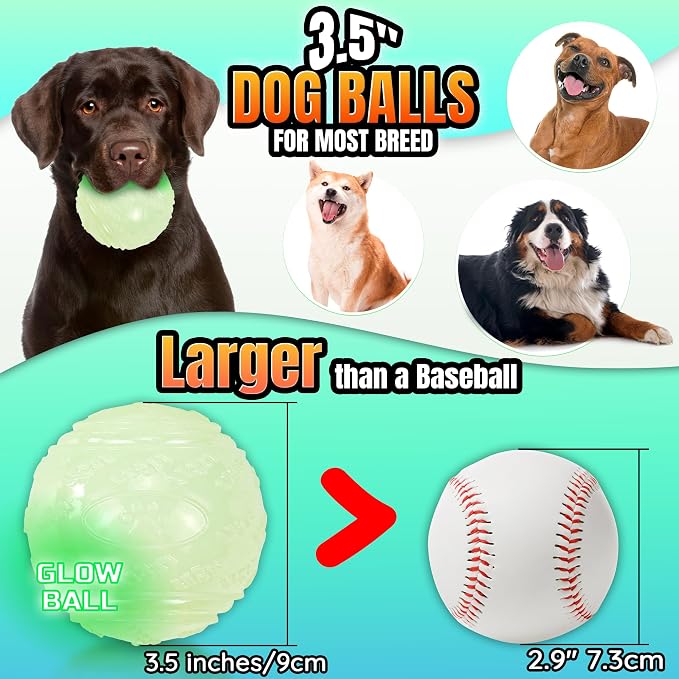 LECHONG 4-Pack 3.5” Glow Squeaky Dog Balls,Bouncy Glow in The Dark Dog Ball with Squeaker, Durable Dog Rubber Ball Toys Glowing Fetch Balls for Medium Large Dogs Nighttime Playing Indoors & Outdoors