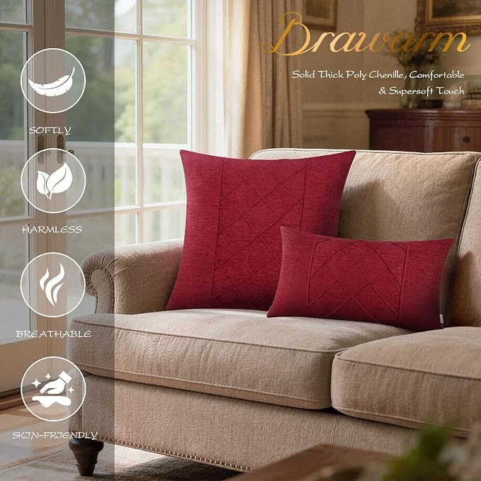 BRAWARM Chenille Throw Pillow Covers 20x20 Inches, Red, 2 Pack | Decorative Pleated Pillow Covers, Soft Cushion Cases for Sofa Bed Living Room Home Farmhouse (No Insert)