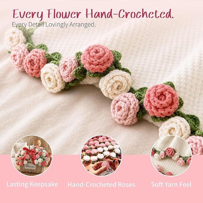 Pink Rose Crochet Flower Bouquet Blanket 43 Inch Throw 60 Rose Flowers | Gift Bag, Writable Card, Machine Washable, Hand-Crocheted Pink Roses, Ready for Birthdays, Holidays, or Anniversaries.