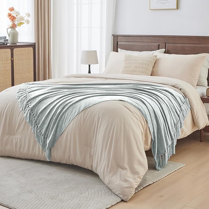 CozeCube Chenille Throw Blanket, Baby Blue Fringe Blanket, 60"X80" | For Couch, Cozy Plush Fuzzy Decorative Blanket with Fringe Tassels, Lightweight Throws for Bed Sofa Gift Home Decor