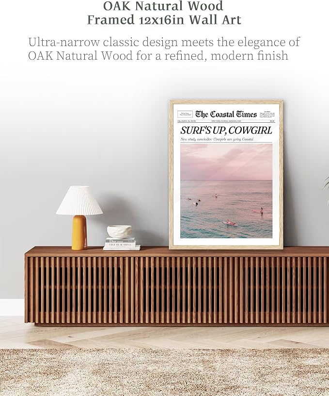 iHery 12x16in Surf’s Up Cowgirl Framed Newspaper Wall Art | Natural OAK Wood Frame with Canvas Print, Coastal Cowgirl Decor for Bedroom, Dorm, Living Room and Bar Cart, 1Pack