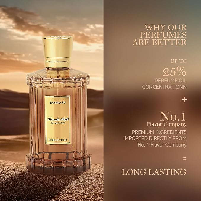 ROMASS Nomadic Night Eau de Parfum Spray - 3.4oz/100ml, Unisex Fragrance with Smoked Oud, Desert Sage, Rose & Raspberry Notes, Warm Woody Scent