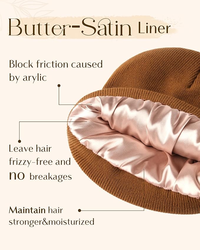 YANIBEST Satin Lined Beanie for Women Reduce Frizz Winter Hats for Women Men Silk Lining Soft Slouchy Warm Cuffed Less Static