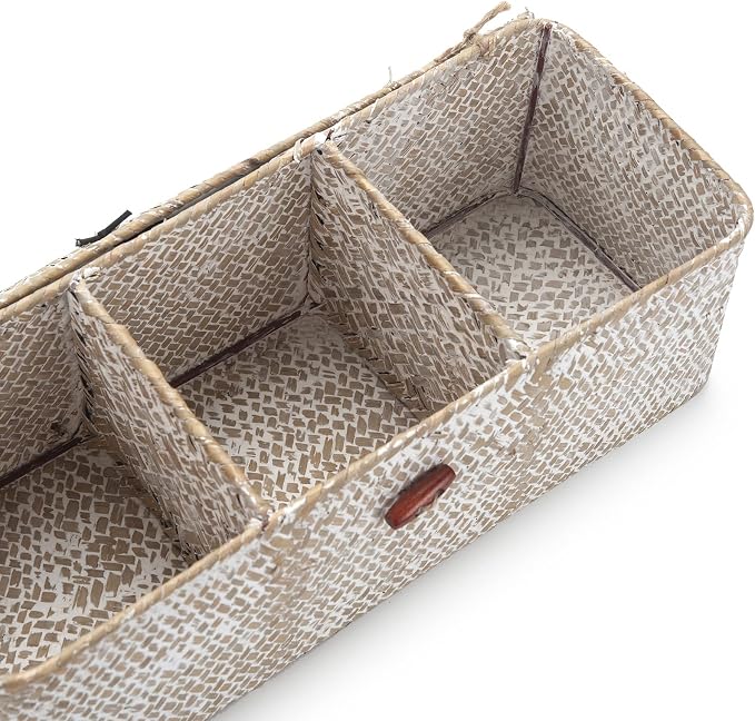 Seagrass Storage Basket with Lid Rectangular Small Woven Shelf Baskets with Sections for Organize Snack Toys Whitewash
