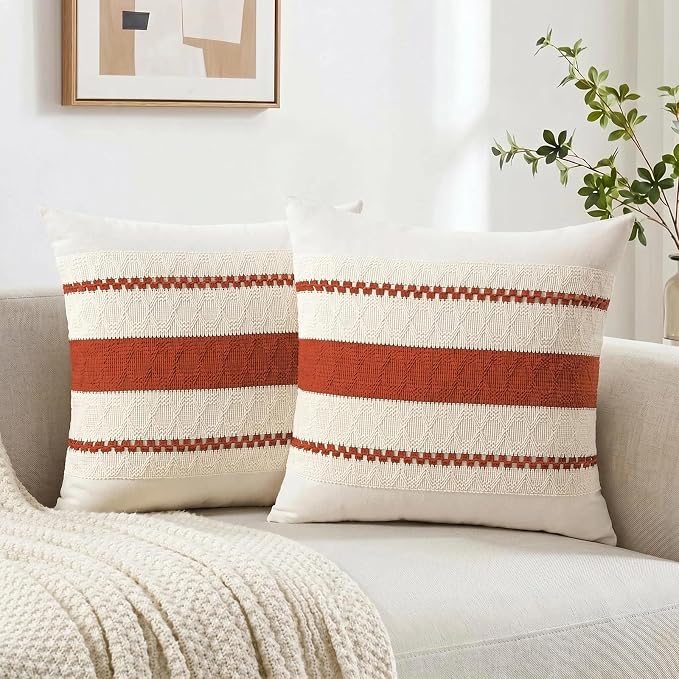 Fancy Homi Set of 1 Boho Burnt Orange Decorative Throw Pillow Cover 22x22 Inch for Couch Bed Sofa, Aesthetic Modern Organic Farmhouse Home Decor, Soft Cotton Cute Accent Macrame Woven Cushion Case