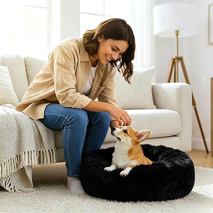 Calming Donut Dog and Cat Bed for Indoor Cats, Anti-Anxiety Round Fluffy Soft Washable Small Pet Bed for Puppy and Kitten, Warming Comfortable Luxury Anti-Slip Waterproof Mute Base 20in Black