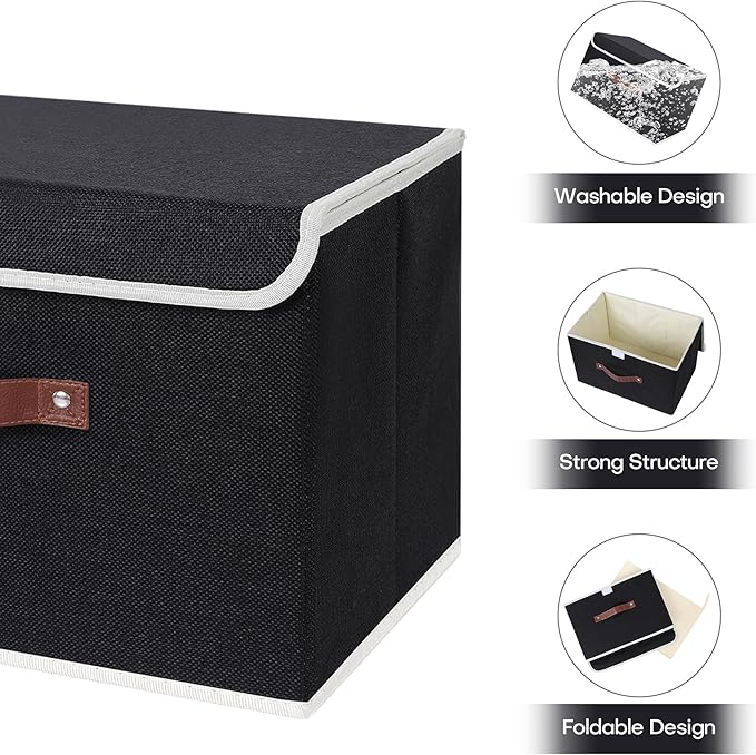 ANMINY Fabric Storage Box Bins with Lids, Black, 13"x9"x7.9", 2 Pack | Keepsake Memory Storage, Cotton Linen, PP Board Reinforced, Washable, PU Handles, Foldable & Stackable, Decorative, Medium