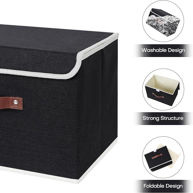 ANMINY Fabric Storage Box Bins with Lids, Black, 15"x10"x10" | Keepsake Memory Storage, Cotton Linen, PP Board Reinforced, Washable, PU Handles, Foldable & Stackable, Decorative, Large