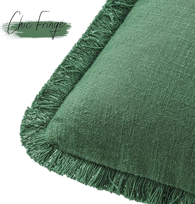 Foindtower Set of 2 Decorative Linen Fringe Throw Pillow Covers Cozy Boho Farmhouse Cushion Cover with Tassels Soft Accent Pillowcase for Couch Sofa Bed Living Room Home Decor, 24×24 Inch, Pine Green