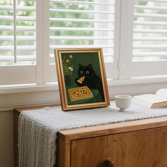 ICHZUMW Gold Framed Funny Black Cat Eating Pizza Canvas Wall Art, 8x10 In | Quirky Cat Print Humorous Animal Kitchen Wall Decor, Dining Room Bedroom Living Room, Fade Resistant, Ready to Hang