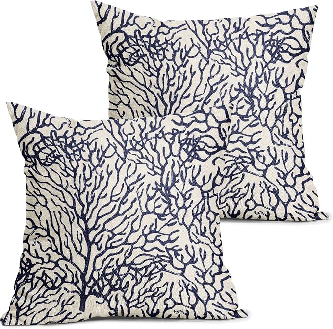 Nautical Coastal Coral Pillow Covers 16x16 Inch Set of 2 Summer Ocean Beach White Blue Decorative Pillow Cases Outdoor Linen Cushion Cover Farmhouse Decor for Bedroom Home Sofa Couch Bed