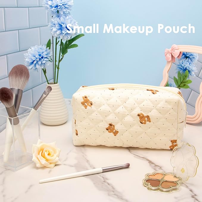 PAZIMIIK Small Quilted Makeup Bag,Zipper Cosmetic Pouch,Gauze Bear,6 Pack | Lightweight Cosmetic Bag Organizer for Women,Purse Storage Holds Makeup,Toiletries,Skincare,Beauty Essentials,Travel Items