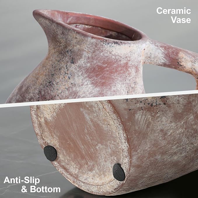 Ceramic Flower Vase with Handle, 9.65 inch Tall Ceramic Vase Home Decor Farmhouse Vases Terracotta Table Vases for Living Room Bathroom Modern Coffee Table Centerpieces Bookshelf Kitchen Fireplace