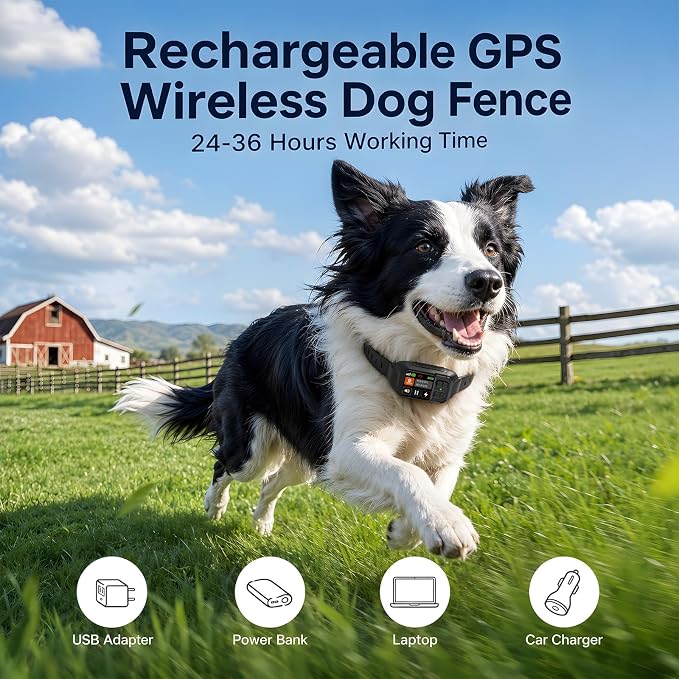 GPS Wireless Fence System for Dogs, Invisible Electric Fence for Medium Large Dogs, IP68 Waterproof, Circular/Irregular Boundary 49-6561FT, No Subscription Perimeter Collar, Outdoor(Black)