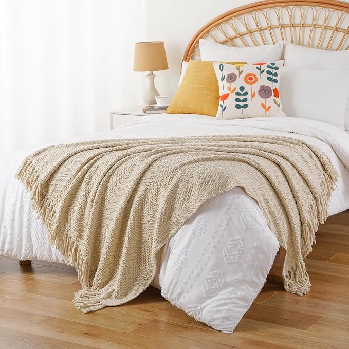 BATTILO HOME Beige Throw Blankets for Couch, Knitted Tan Throw Blanket for Twin Bed, Super Soft Warm Large Throws for Home Decor, 60" x 80"