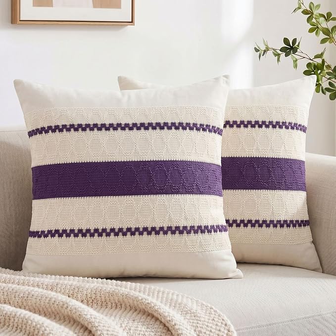 Fancy Homi Set of 2 Boho Purple Decorative Throw Pillow Cover 20x20 Inch for Couch Bed Sofa, Aesthetic Modern Organic Farmhouse Home Decor, Soft Cotton Cute Accent Macrame Woven Cushion Case