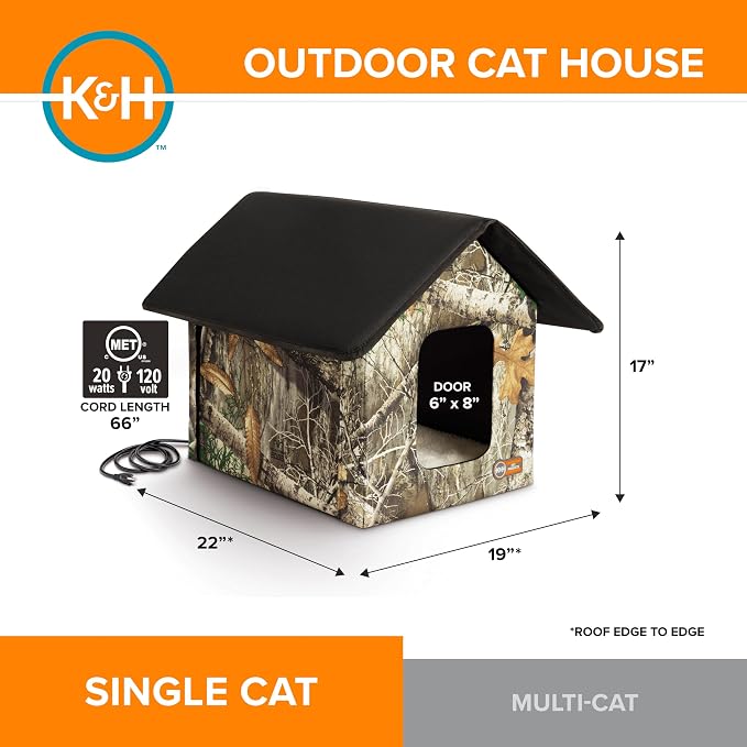 K&H Heated Cat House, Outdoor Kitty Shelter, Safety Listed, 20W, Camo | Heated Cat House for Outside, Weatherproof Shelter for Ferals, Insulated with Smart Thermostat, 2 Doors, Waterproof Bed