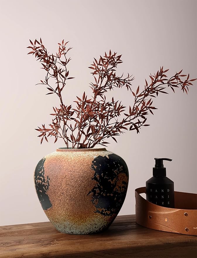 GeLive Round Ceramic Vase Brown Rustic Textured Moon Jar Table Centerpiece Pottery Vase Decorative Planter Pot Flower Container for Fresh Dried Plants Home Decor Kitchen Utensil Holder