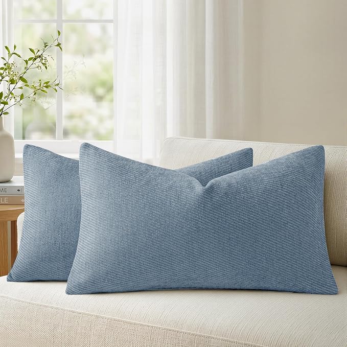 a moment Pack of 2 Decorative Chenille Throw Pillow Covers with Twill Cushion Covers for Sofa Living Room Couch Bed 20x12 Inch Coastal Blue
