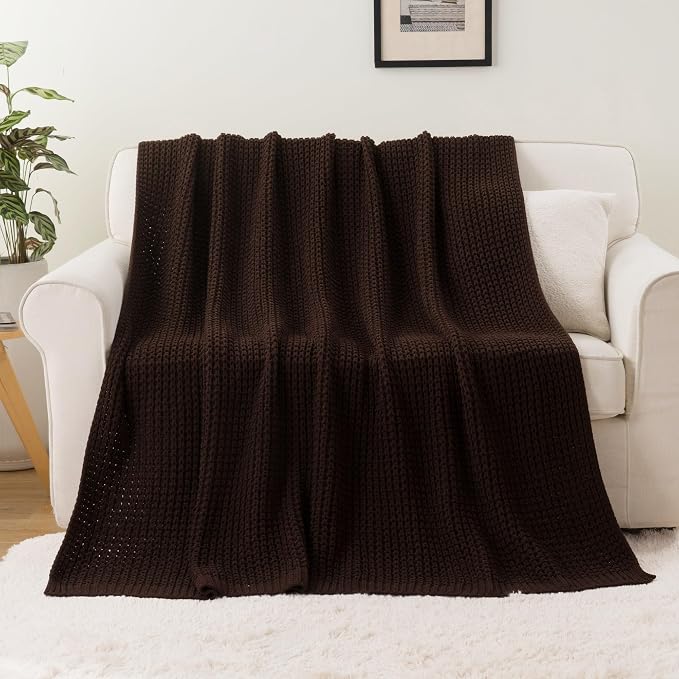 Brown Throw Blanket for Couch, Soft Chenille Knit Throw Blanket 50x60in | Chunky Waffle Knitted Blanket, Chocolate Brown Cable Knit Throw for Bed Sofa Living Room, Lightweight Warm Decorative Blanket
