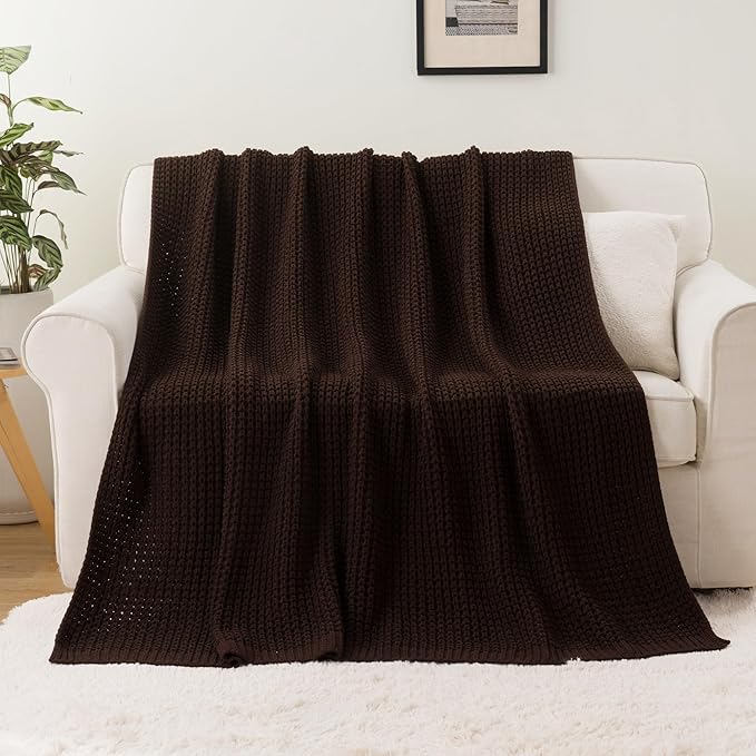 Brown Throw Blanket for Couch, Soft Chenille Knit Throw Blanket 60x80in | Chunky Waffle Knitted Blanket, Chocolate Brown Cable Knit Throw for Bed Sofa Living Room, Lightweight Warm Decorative Blanket
