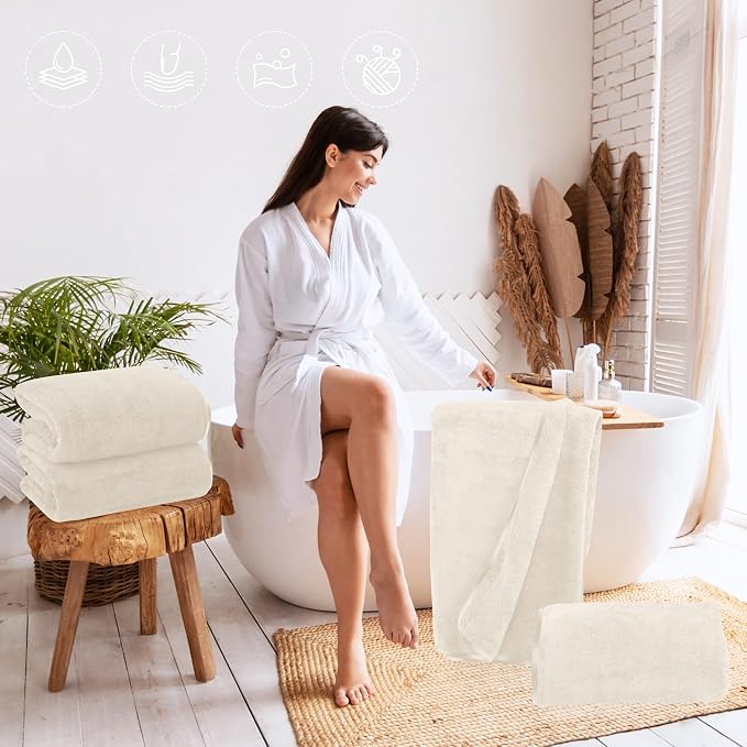 TENSTARS Silk Hemming Bath Towels for Bathroom Clearance - 27 x 55 inches - Light Thin Quick Drying - Soft Microfiber Absorbent Towel for Bath Fitness, Sports, Yoga, Travel, Gym - 2 Pack, Cream