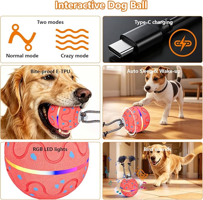 Interactive Dog Ball Toy with 2 Rope, Automatic Rolling & Bouncing Smart Dog Toy with Bird Chirping Sound and LED Light, Soft ETPU Chew-Safe Material, USB Rechargeable, for Medium & Large Dogs