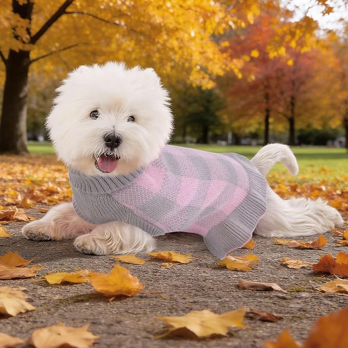 Dog Sweater Dress Plaid Knitwear for Small Medium Dogs Warm Puppy Pet Turtleneck Stretch Pullover Cute Fall Winter Vest Clothes with Leash Hole for Christmas (Grey, L)