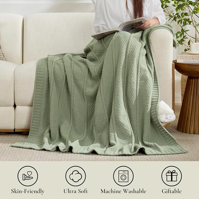 Premium Chenille Throw Blanket, Soft Cozy Moss Stitch Knit Blanket for Couch, Sofa, Chair, Home Decor, Sage Green 50"x60"